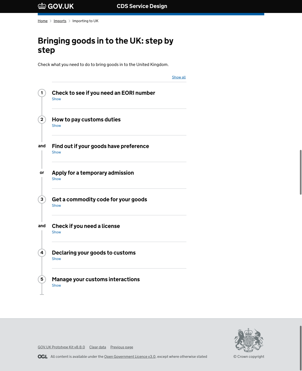 Numbered list of steps to follow when trying to bring goods into the UK. Screenshot