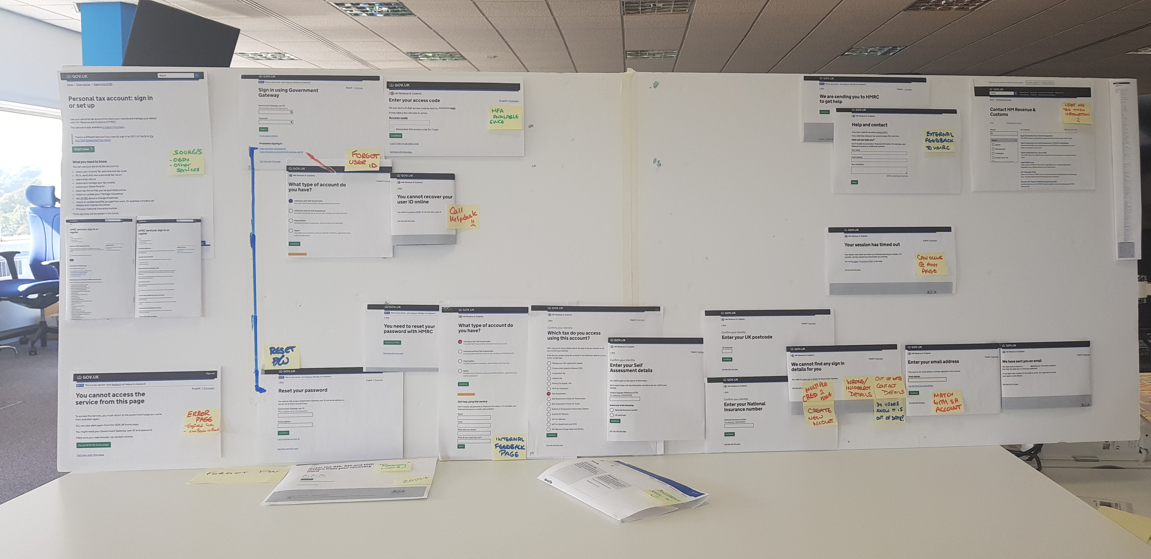 White board with printed screenshots of the GOV.UK website laid out in a journey. Photo